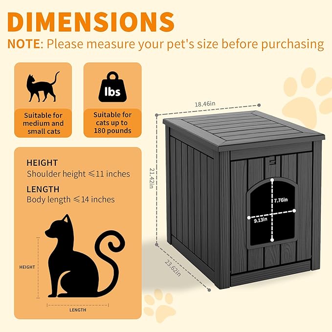 DRATO Outdoor Cat House -Weatherproof Resin Cat Houses for Cats, Durable, Easy Assembly,cat Igloo Outdoor，Durable & Insulated Shelter for Garden, Patio, or Backyard（Black，18.46 * 23.62 * 21.42）