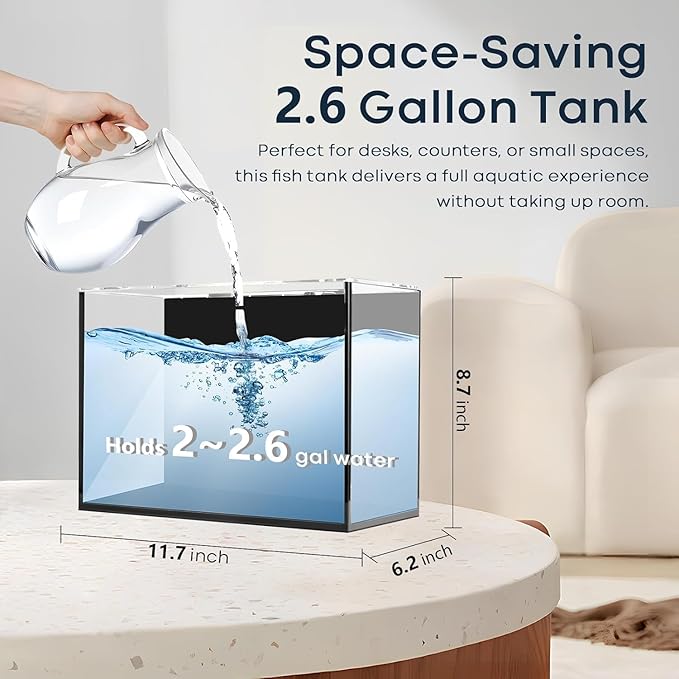 2.6 Gallon Small Aquarium Set Glass Fish Tank, Starter Kit with Heater Water Pump Cleaning System Filter Bright Light Rocks Gravel Cleaning Tool, Leak-Proof Clear Rimless Desktop Spaces Saving Betta