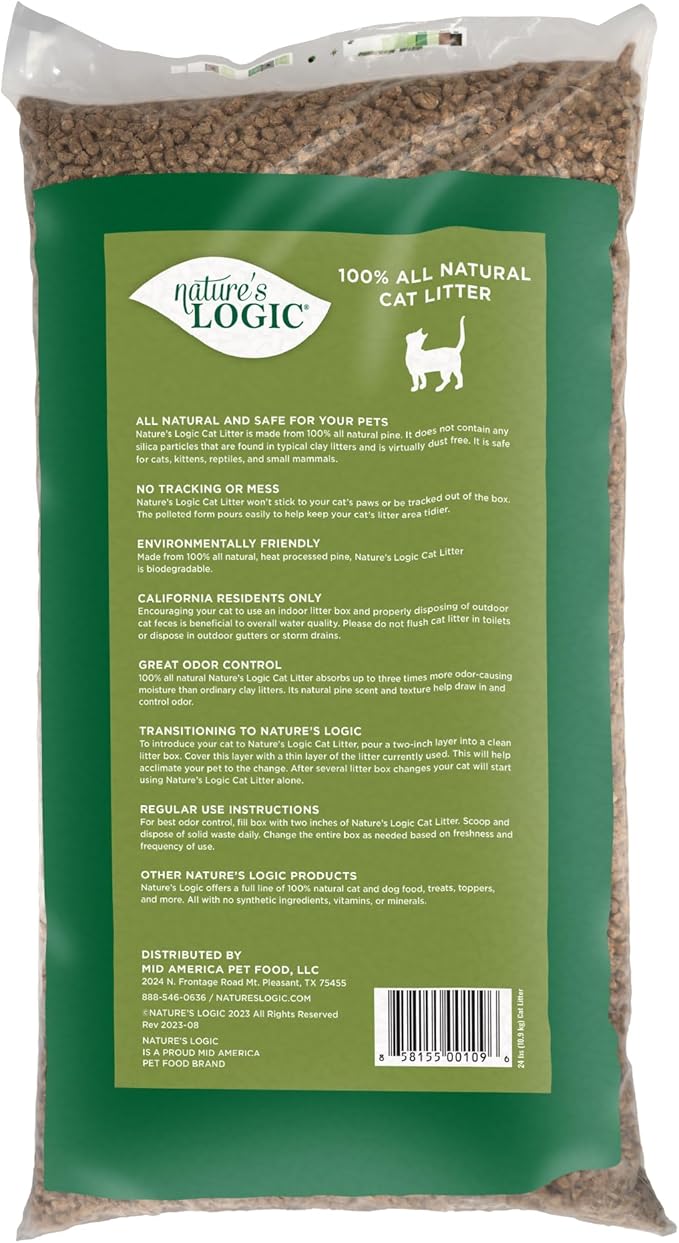 Nature's Logic 100% Natural Pine Pellet Cat Litter - 100% Ponderosa Pine, Dust-Free, Unscented, Biodegradable - Safe for Cats, Kittens, Reptiles & Small Pets - Highly Absorbent - 24 lb Bag