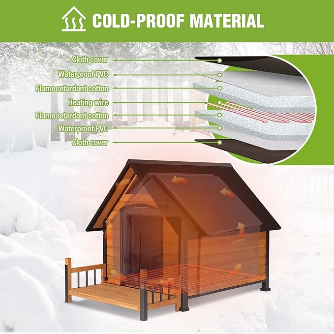 GUTINNEEN Outdoor Heated Dog House Anti-Bite Weatherproof Dog Kennel Puppy Shelter Indoor with Heating Pad, All-Around Insulated Liner and Porch for Large Breed, 45" D x 32.9" W x 32.6" H (Brown)