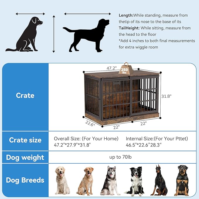 Petrova 47" Dog Crate Furniture for 1 Dogs, Heavy Duty Indoor Dog Kennel for Medium/Large Dogs, Wooden Dog Cage with Sliding Barn Door, Name Tag, Brown