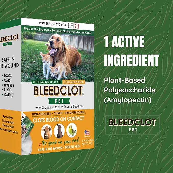 First Aid Blood Clotting Powder | The Best for All Animals to Stop Bleeding, Guaranteed | for Minor Cuts and Severe Arterial Bleeding | from The Makers of BleedStop (4 Pouches (0.5 oz))