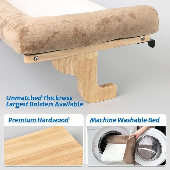 Zakkart Cat Perch for Window Sill with Bolster - Orthopedic Hammock Design with Premium Hardwood & Robust Metal Frame - Cat Window Seat for Large Cats and Kittens - Natural Color Wood Brown Bed, 24''W