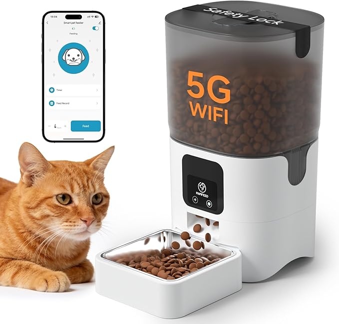 PAPIFEED 5G WiFi Automatic Cat Feeders: Smart Automatic Cat Food Dispenser with Slow Feeding Mode, Detachable for Easy Cleaning, Pet Feeder with Alexa, 1-30 Meals Per Day for Multiple Pets (6L/25 Cup)