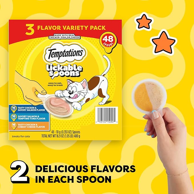 Temptations Lickable Spoons, Soft Lickable Cat Treats, Adult Wet Cat Treats, Variety Pack, 48 Spoons