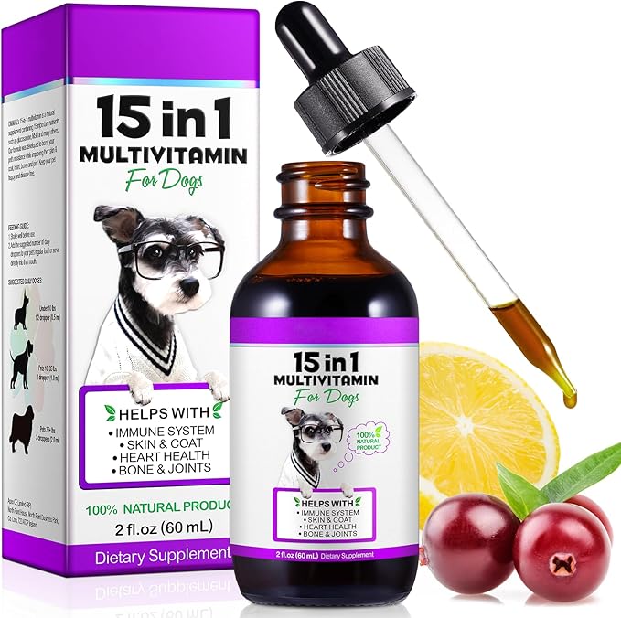 Dog Multivitamin Liquid Drops - 15 in 1 with Glucosamine, MSM & Cranberry, Supports Joint, Skin & Coat, Immune, Heart & Urinary Health, 2 fl oz