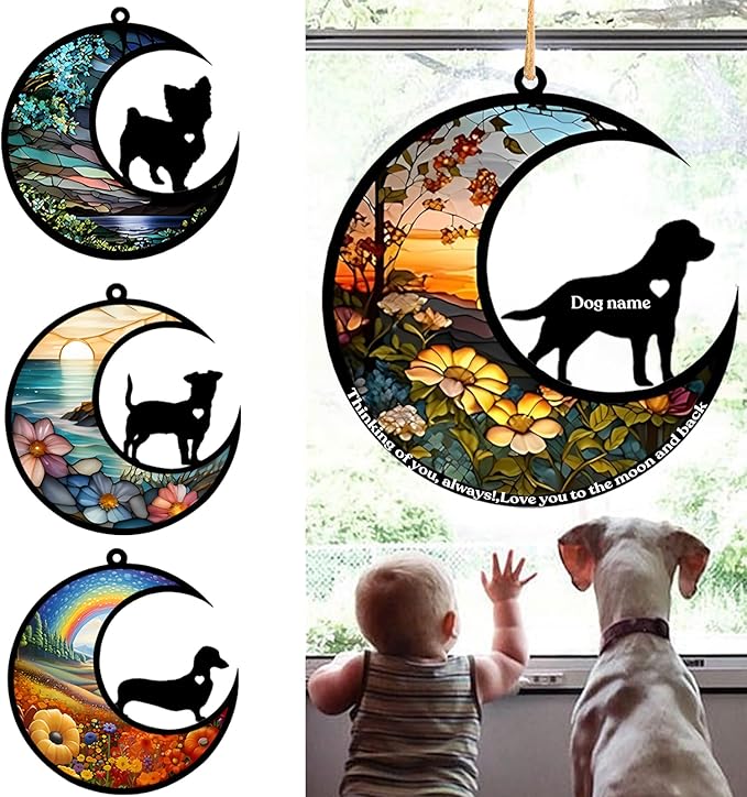 Personalized Dog Memorial Suncatcher, Custom Pet Breeds Suncatcher with Name Date, Pet Loss Suncatcher, Stained Glass Style Light Catcher, Dog Memorials & funerary, Gifts for Pet Loss