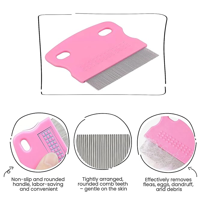 5 Pack Flea & Lice Comb Set for Cats, Dogs & Kids – Stainless Steel Fine Tooth Nit Comb Kit with Double-Sided Tear Stain Remover, Grooming Brush & Peine para Piojos for Thick Hair (Pink)