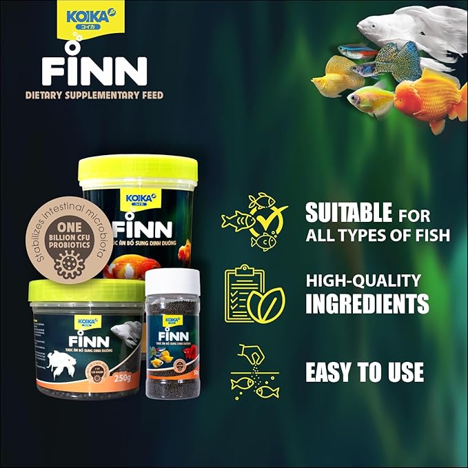 KOIKA FINN Probiotic Fish Food Pellets for Ornamental Fish, 43% Protein with Bacillus Probiotics, Supports Digestion and Immune Health for Daily Feeding (250g, Koi Carp - 4.0mm Pellets)