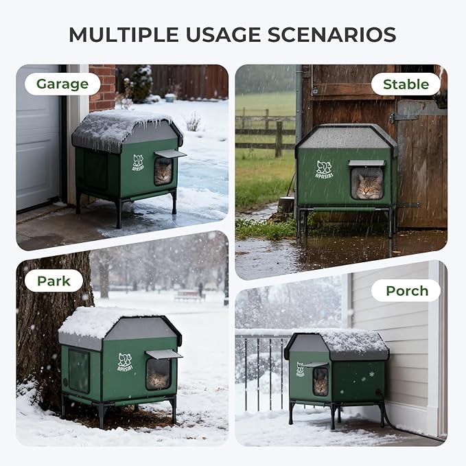 Apasiri Heated Outdoor Cat House for Winter: Insulated with Heating Pad, Indestructible Weatherproof Winter Shelter, Elevated Support to Keep Interior Dry for Stray Cats, Medium