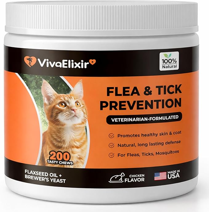 Flea and Tick Prevention for Cats – Cat Flea & Tick Control Supplement with Skin & Coat Support, Natural Formula for Fleas, Immune & Digestive Support – 200 Chews