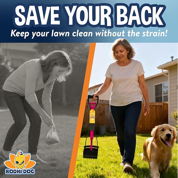 Bodhi Dog Complete Poo Pack- 24" Pooper Scooper, Poop Bags, & Waste Bag Holder, Ideal for Small to XL Pets - Durable, Easy-to-Use, Great for Grass, Gravel, & Outdoor Cleanups (Pink)