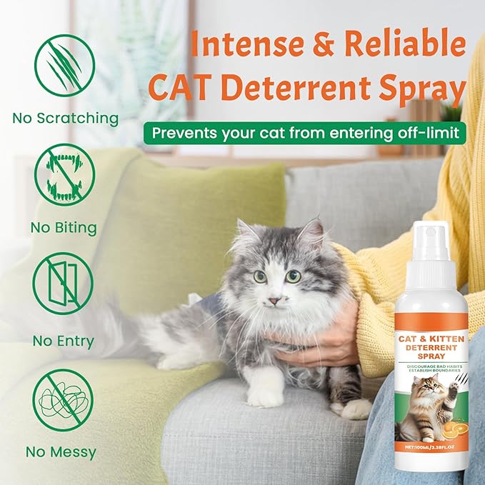 Cat Deterrent Spray, Safe Natural Cat Deterrent Outdoor, Cat Pee Deterrent Spray Indoor for Urine Marking Furniture, Humane Effective Training Aid Anti-Scratch for Cats and Kittens, 2PCS