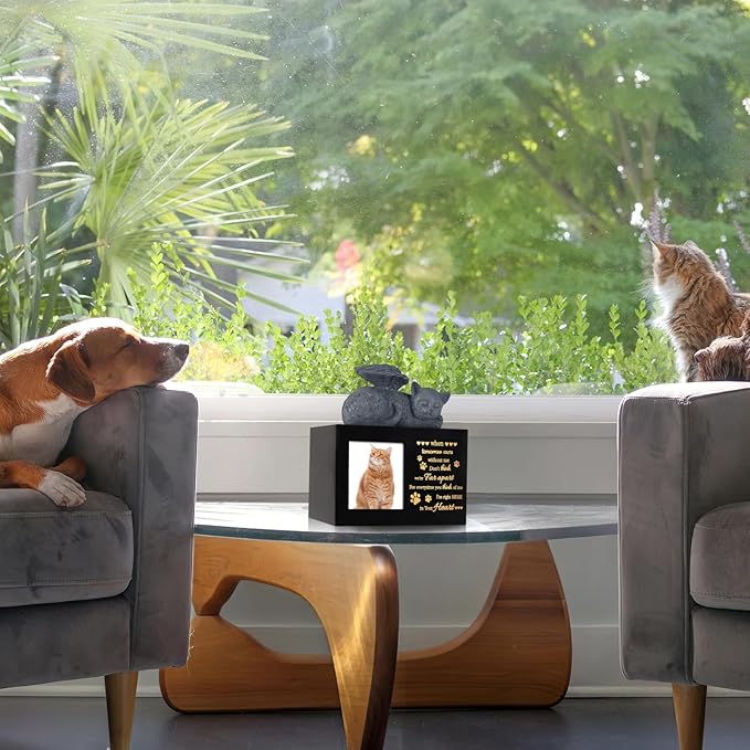 Pet Urns for Ashes, Black Wooden Cat Urns for Ashes with Cat Angel, Cat Memorial Keepsake Memory Box with Photo Frame, Loss Pet Sympathy Remembrance Gift (Medium - Memory)
