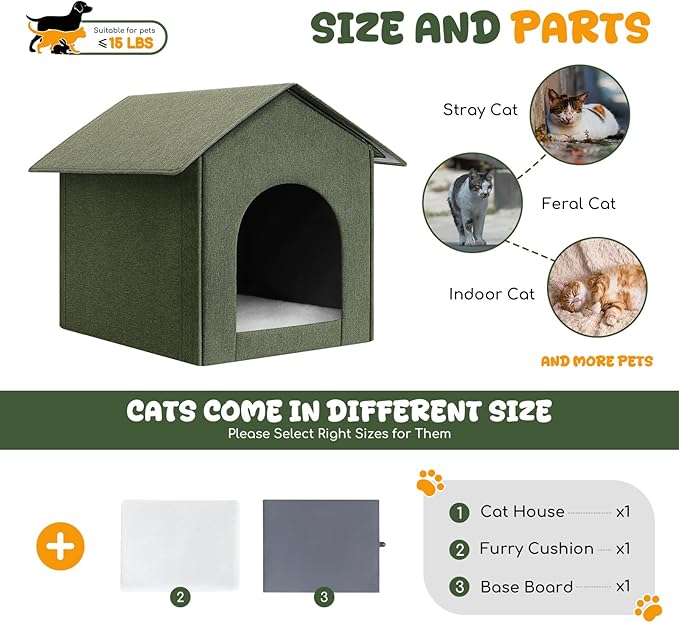 Outdoor Cat House Weatherproof, Insulated Cat Dog Houses for Outdoor/Indoor Cats for Winter, Waterproof Feral Stray Cat Shelter with Warm Cushion for All Seasons, Easy to Assemble, Olive Green