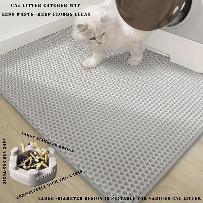 HCY&WLD Cat Litter Mat, 45x26/35x24/30x22/24x18 Inch Double Layer Cat Litter Box Mat, EVA Non-Slip, Waterproof Urine Proof Cat Litter Catcher Mat, Easy Clean Scatter Control (30x22 Inch, Gray)