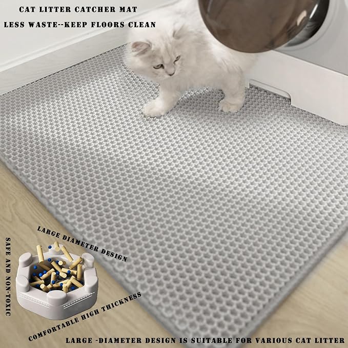 HCY&WLD Cat Litter Mat, 45x26 Inch Extra Large&Long Double Layer Cat Litter Box Mat, EVA Non-Slip, Waterproof Urine Proof Litter Trapping Mat, Easy Clean Scatter Control (45x26 Inch, Gray)
