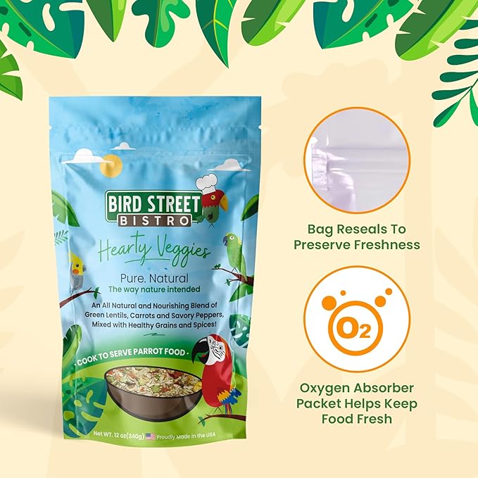Bird Street Bistro Parrot Food - Parakeet & Cockatiel Food - Cooks in 3-15 min w/Natural Whole Grains, Legumes, Non-GMO Fruits, Vegetables & Health-Oriented Spices