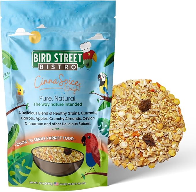 Bird Street Bistro Parrot Food for Parakeets & Cockatiels - CinnaSpice - 24 oz - Cooks in 3-15 min, Natural Grains, Fruits & Vegetables - USA Made