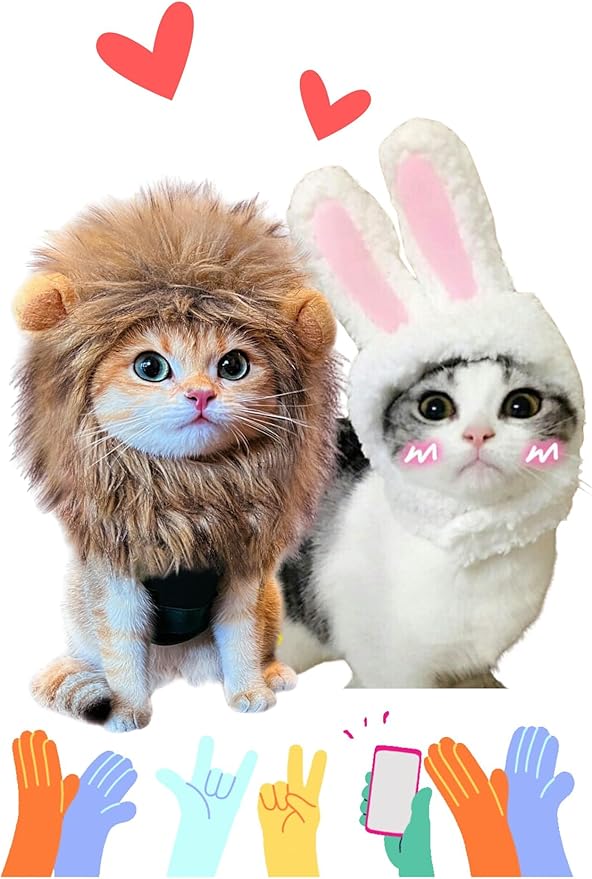 Cat Halloween Costumes - 2 Pcs Lion Mane Wig for Cat & Bunny Rabbit Hat with Ears,Funny Pet Clothes Dress for Halloween,Fits Most Cats(M Size)