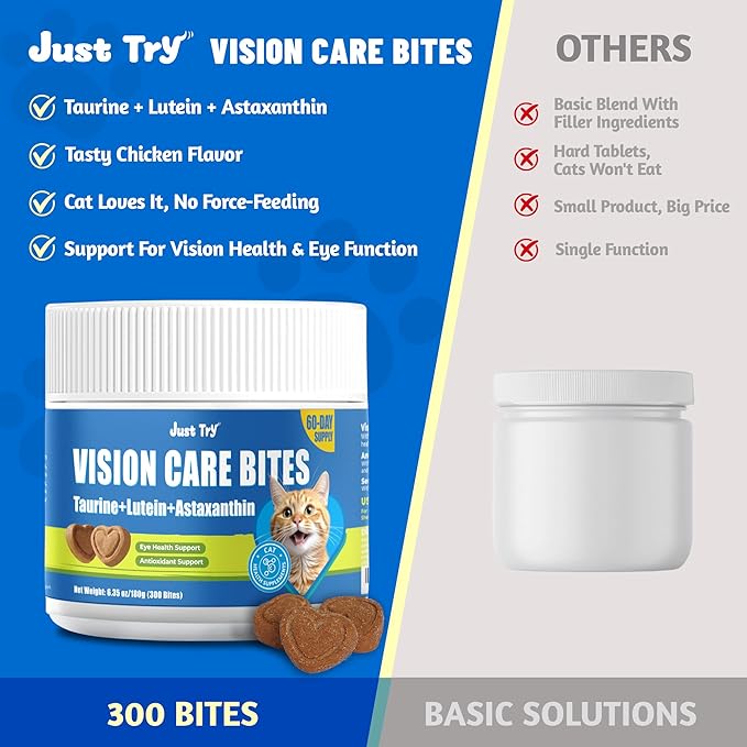 Just Try Vision Care Bites Cat Treats Taurine for Cats Healthy Cat Treats - Support Eye Health & Vision Function Chicken Flavored - Cat Supplements 300 Bites 6.35 oz