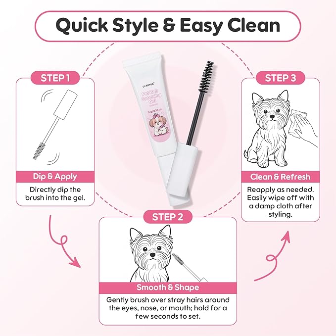 Dog Facial Hair Styling Gel – Gentle Grooming for Eyes & Nose Flyaways, No Alcohol Formula for Small Long-Haired Dogs & Cats, for Daily Use & Styling, 0.53 oz