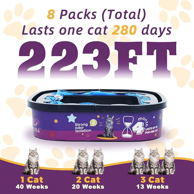 8 Pack Cat Litter Refill Bags Cartridge Compatible with Genie Cat Litter Standard, Plus and XL Plus Pails Easy-Lock Odor Control (NOT Compatible with XL)