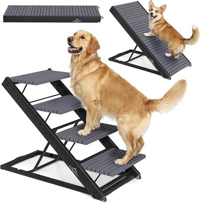 2-in-1 Metal Dog Ramp/Stairs, Dog Ramp for Bed, Couch and Car, Nonslip Carpet, Wheels, up to 250lbs, Outdoor Indoor, (40" Lx17 W) 19" to 25" Adjustable Height, for Small Medium Large Pets