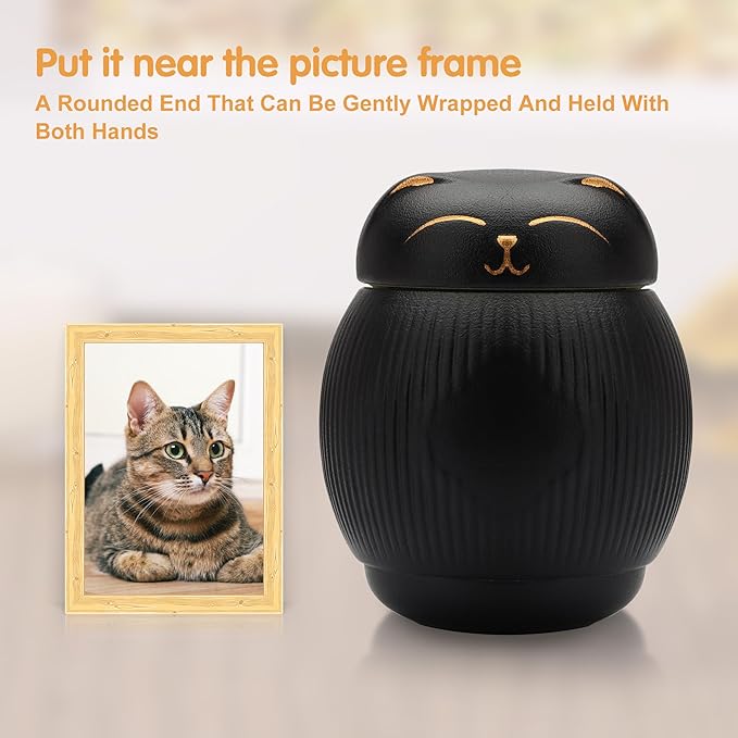 Ceramic Cat Urn for Ashes - Pet Memorial Box with Secure Lid, Funerary Urns Cremation Keepsake for Cats (15 lbs)（Black）