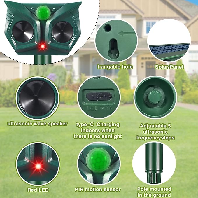 2 Pack Solar Ultrasonic Animal Repeller, Cat Repellent Outdoor with Motion Sensor, Ultrasonic Cat Repellent Deer Repeller Dog Deterrent for Garden Farm