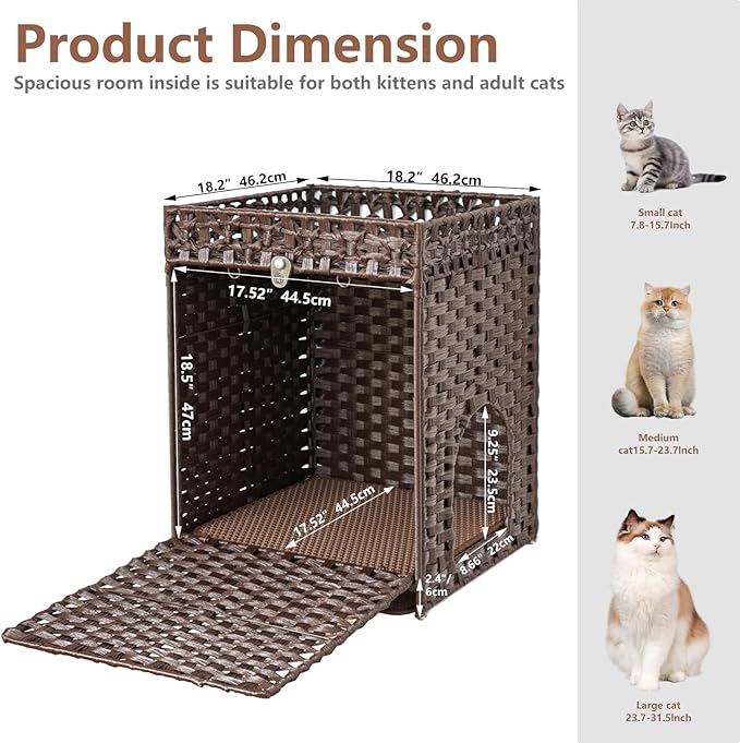 KOUSEI Handwoven Rattan Cat Litter Box Enclosure Furniture - Hidden Indoor Pet House with Door & Mat, Discreet Washroom Cabinet for Living Room and Bedroom, Brown