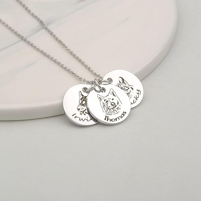 Anavia Personalized Pet Portrait Necklace, Handmade Memorial Jewelry Gift, Custom Round Disc Photo Engraved Necklace for Animal Lovers, Dog Mom, Dog Dad