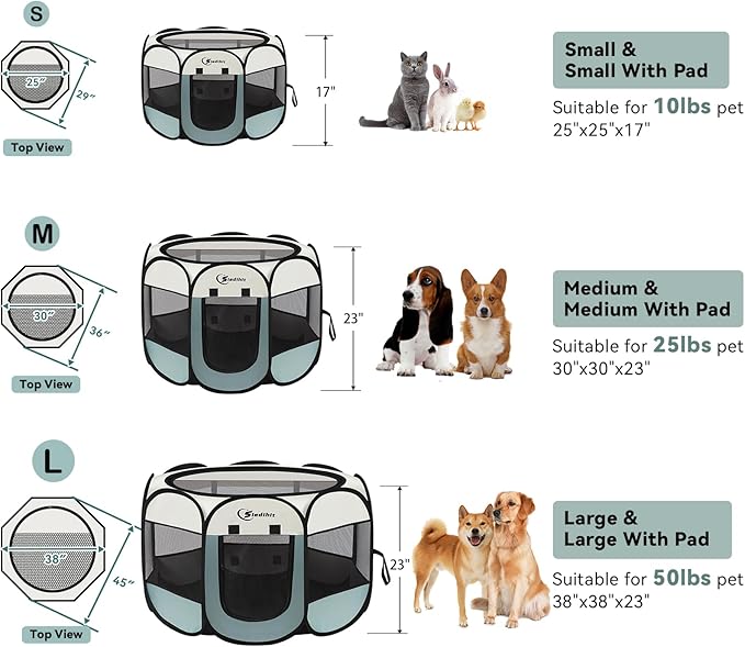 Large Dog Cat Playpen, Puppy Pet Playpen Indoor for Dog Crate Tent Cage Outdoor, Portable Pop Up Dogs Enclosure Kennel with Carrying Case for Dogs/Cats/Rabbits, Grey