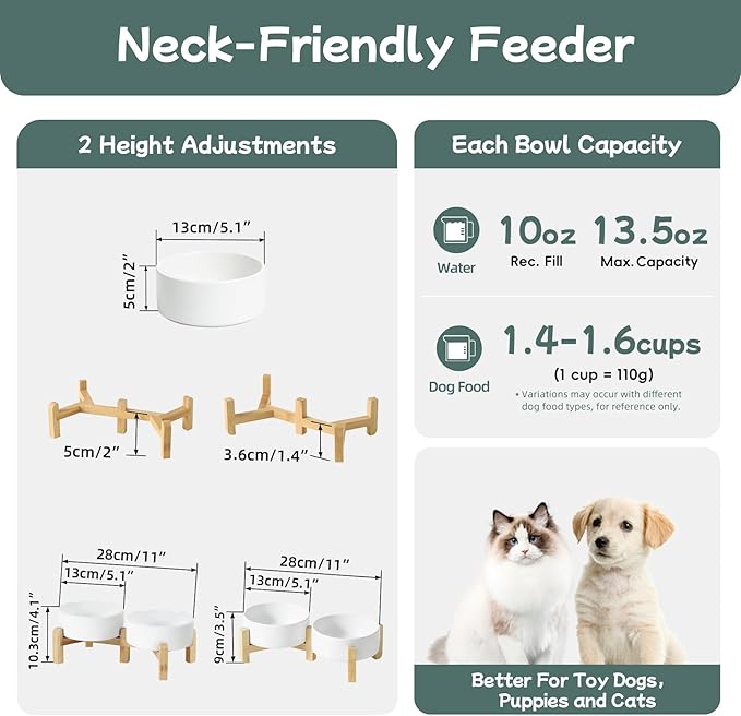Ceramic Raised Double Bowls Set with Stand, 2 Heights Elevated, Food & Water Bowls for Small Breed Dogs, Cats, Kitty, Weighted Dog Dishes, Pet Bowls(5.1'',13.5oz, White)