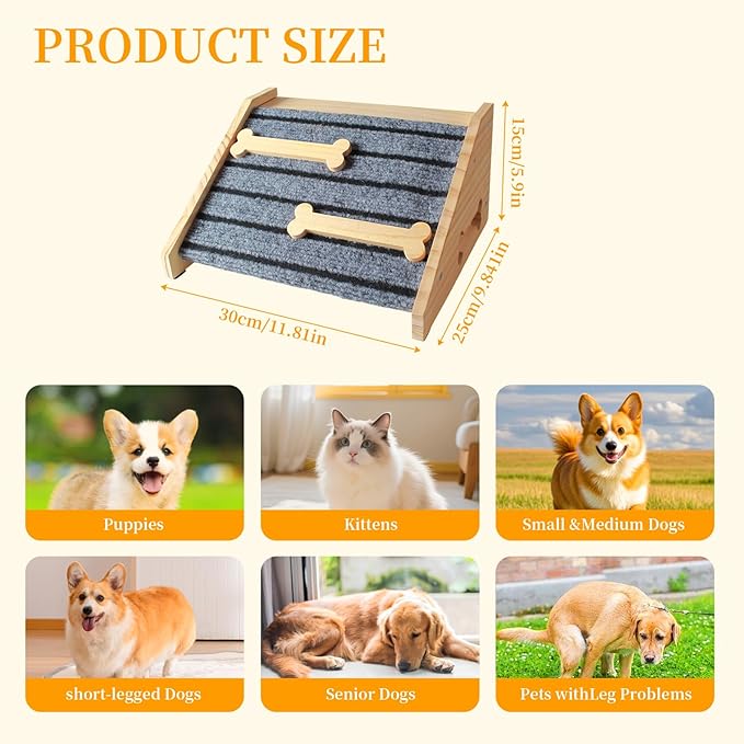 2-Pack Wooden Dog Ramp for Stairs - with Carpet Surfac with Anti-Slip Bone Strips. Small Dogs-Natural Pine Wood Pet Step Ramp&Assist for Senior, Injured Pets, Porch Steps Indoor Use