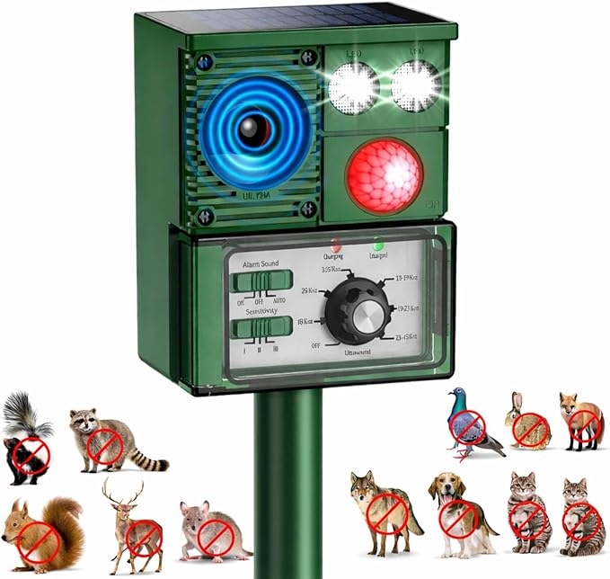 2026 Upgraded Solar Ultrasonic Animal Repellent, Deer Repellent Devices Cat Repellent Outdoor Squirrel Repellent Dog Raccoon Skunk Rabbit Rodent Coyote Repeller, PIR Sensor, Flash Light (Green)