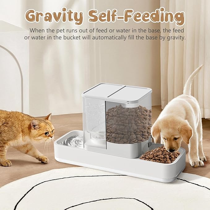 Automatic Cat Feeder and Water Dispenser, 2 in 1 Gravity Pet Food Feeder and Water Dispenser Detachable Cat Food Dispenser for Small Dogs and Cats, White
