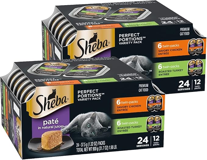 Sheba Perfect Portions Wet Cat Food Pate, Savory Chicken Entree and Roasted Turkey Entree, Cat Food Wet Recipe Variety Pack, 2.6 oz. Twin-Pack Trays (12 Count, 24 Servings)