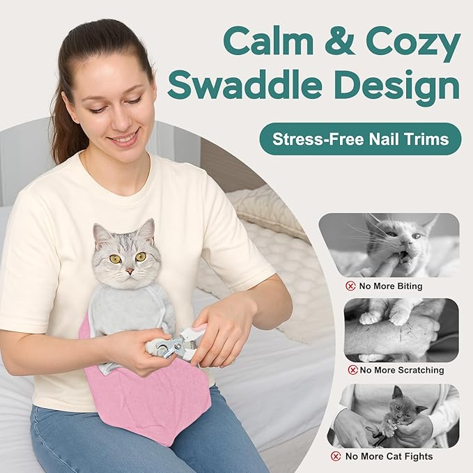 Self-Adhesive Cat Grooming Wrap, Cozy Cat Wrap for Cutting Nails, Breathable Anti-Scratch Cats Swaddle Bag for Brushing, Ear Cleaning, Dental Care, Medication, Injections, Pink S
