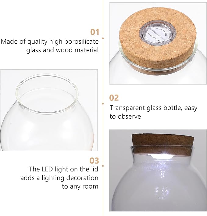 Fish Tank Glass Bottle with Led Light - 1 Gallon Glass Aquarium for Betta Fish, Modern Design with Adjustable Brightness