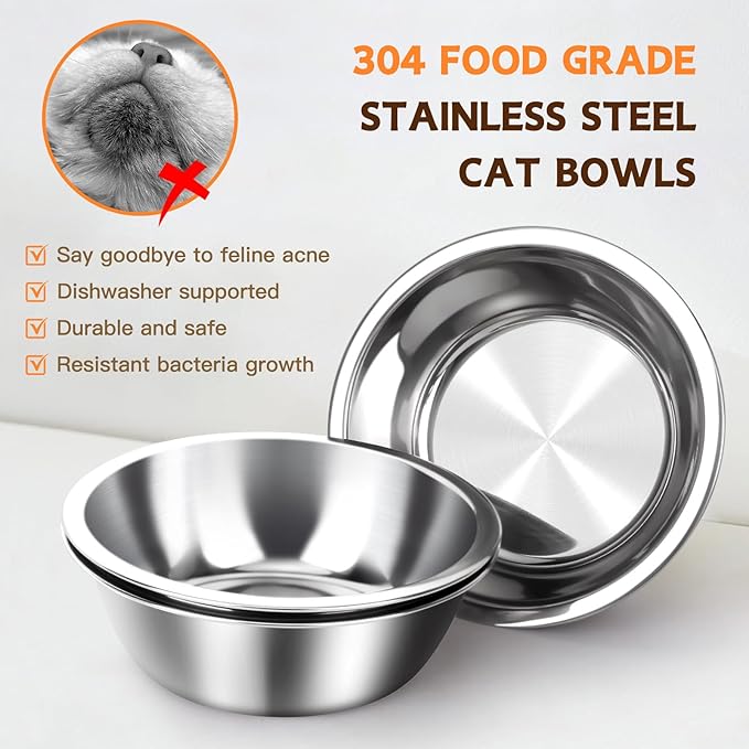 Bamboo Elevated Cat Bowls, 3 Stainless Steel Raised Cat Bowl with Stand, 15°Tilted Cat Feeding Station, Cat Food and Water Bowl Set for Small Cats and Puppy, Anti Vomitting, Whisker Fatigue (Natural)