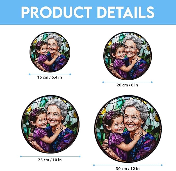 LOVELYPOD Personalized Grandma Stained Glass Sun Catcher, Photo Family Portrait Window Hanging Ornament, Custom Photo Gift, Grandma Gifts, for Mom, Christmas Ornament for Family