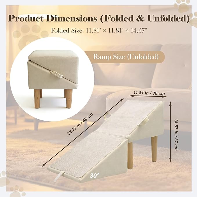 Split Ottoman Dog Ramp for Couch and Low Bed, 2-in-1 Foldable Dog Stairs for Small Dogs and Cats, Wooden Pet Ramp with Non-Slip Surface, Portable Step Stool Design, Off White
