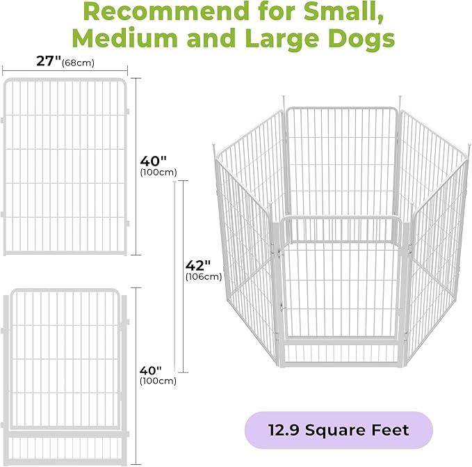 SunsGrove Indoor Dog Playpen, 40 Inch 6 Panels with Wider Door for Medium and Large Dogs, Easy Setup Anti-Rust Pet Fence, White