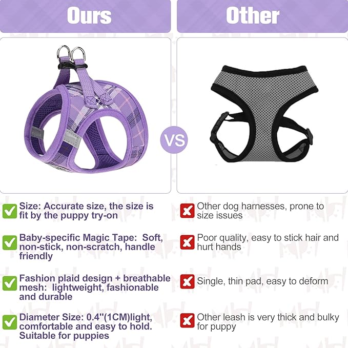 BEAUTYZOO Small Dog Harness and Leash Set, Step in No Choke No Pull Soft Mesh Dog Harnesses Reflective for Extra-Small/Small Medium Puppy Dogs and Cats, Plaid Dog Vest Harness for XS S Pets, Purple M
