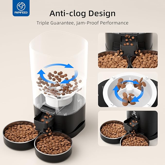PAPIFEED Automatic Cat Feeder for 2 Cats, 2.4G WiFi Cat Food Dispenser with App Control, 7L Slow Feed Pet Feeder with 2 Stainless Bowls for Cats & Dogs, 12 Portions 10 Meals Daily - Black