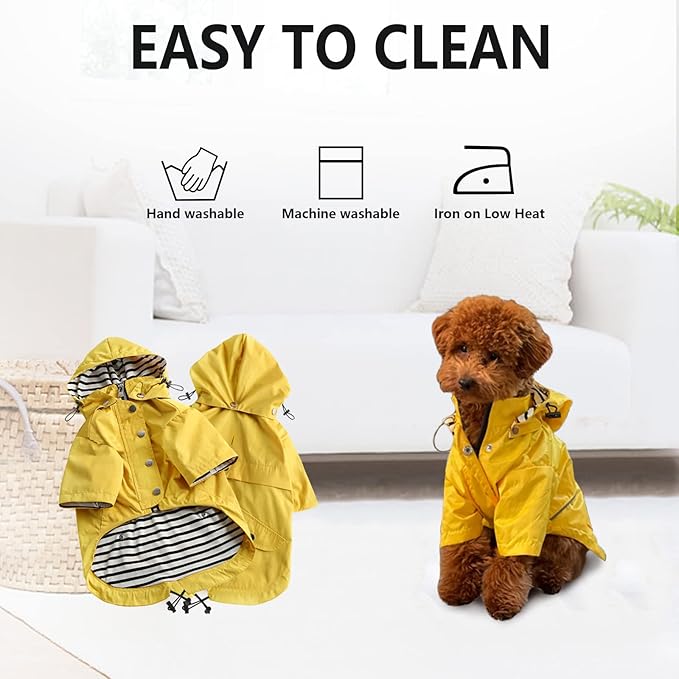 Morezi Dog Zip Up Raincoat with Reflective Buttons, Rain/Water Resistant, Adjustable Drawstring, Removable Hood, Raincoats with Legs 8lbs to 80lbs Available - Yellow - S