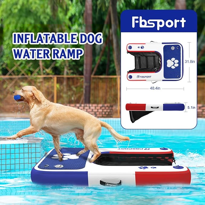 FBSPORT Inflatable Dog Boat Ramp Floating Dock Water Ladder for Pool, Boat, Non-Slip EVA Floating Ladder Pool Ramp for Dog Up to 220 LBs, Safe & Easy Access