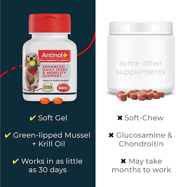 Antinol Plus, Mobility, Hip, and Joint Supplement for Dogs, Green-Lipped Mussels and Krill Oil - Dog Joint Supplement, Better and Faster Than Glucosamine and Chondroitin, 150 Soft Gels
