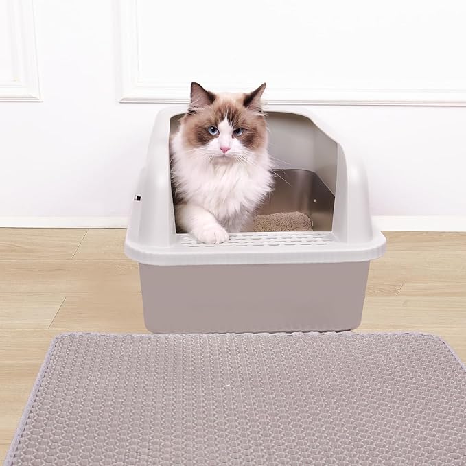 Henkelion Stainless Steel Cat Litter Box with Lid, 20" L x 14.2" W x 11.8" H, Extra Large Litter Box for Big Cats with High Sided, Anti-Urine Leakage, Easy Cleaning, Include Cat Mat and Scoop